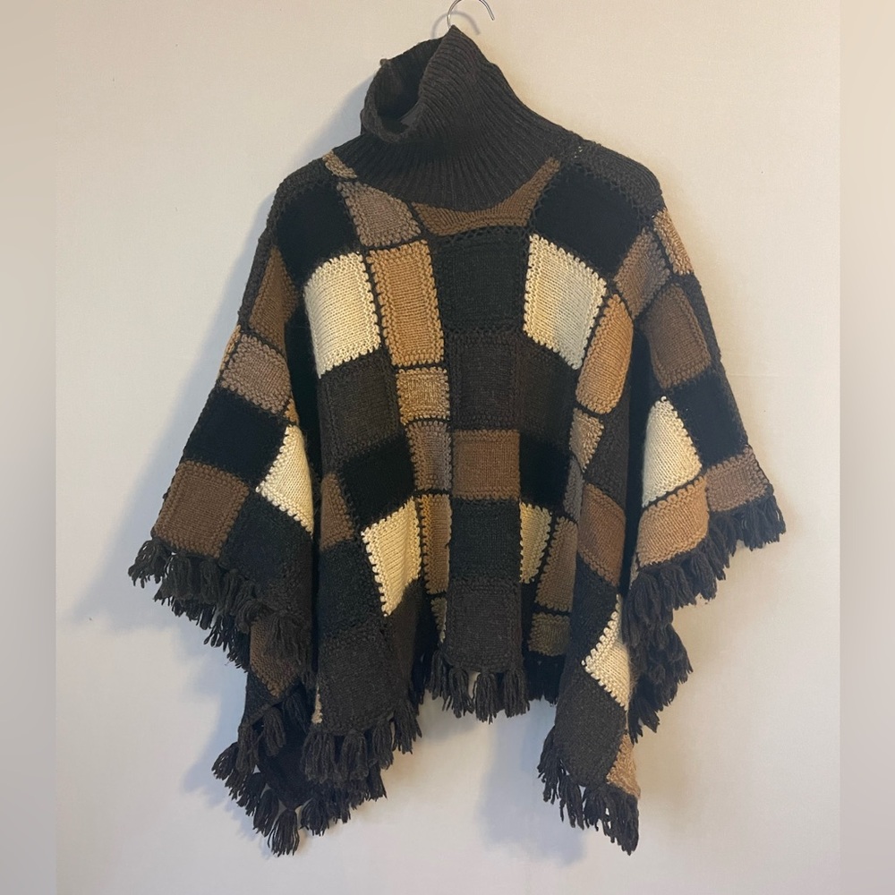 Ralph Lauren Wool Patchwork Hand Knit Fringe Ponc… - image 2